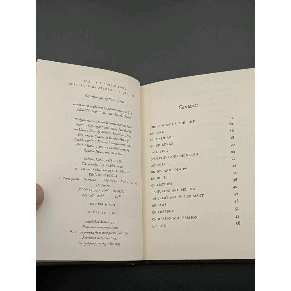 The Prophet by Kahlil Gibran, 1995 hardcover Pocket Edition 65th Printing